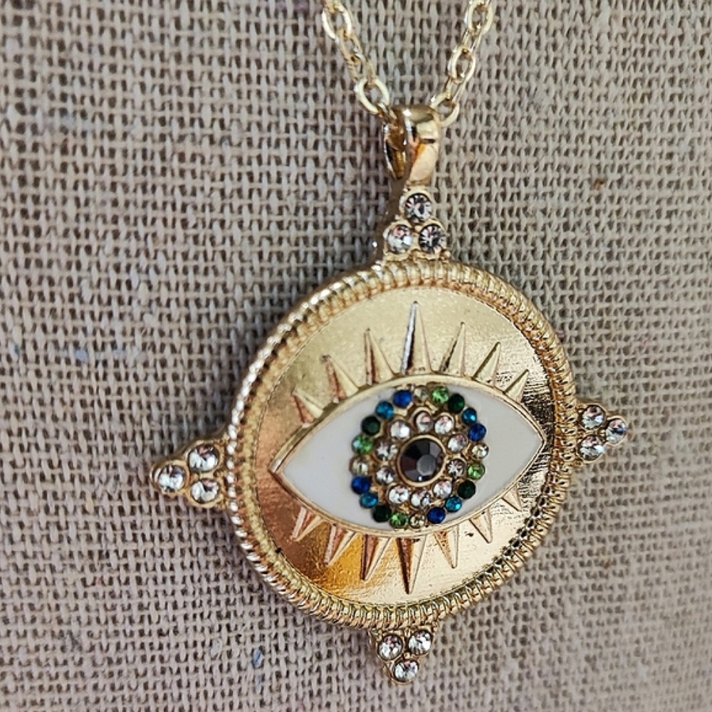 Rachel Roy Heavy Plated Evil Eye Rhinestone Enamel Necklace Protection Good Luck